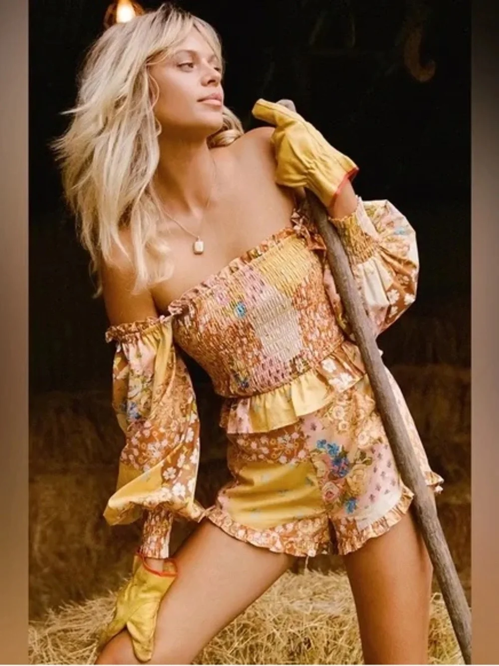 Spell Freda Floral Shorts‎ & Shirred Blouse Set Large Organic Cotton Boho Summer